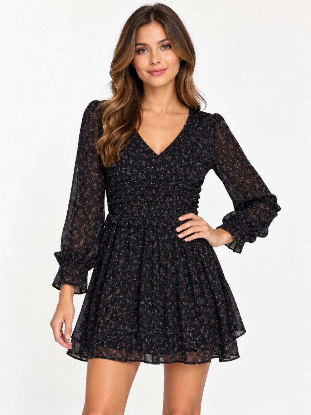 Zara Black Floral Long Sleeve Midi Dress